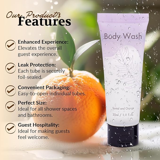 Leak-Proof Travel Size Body Wash 1 Oz Each Pack of 100 Bulk Pack Hotel Body Wash Santal and Orange Scent Amenities and Toiletries for Hospitality