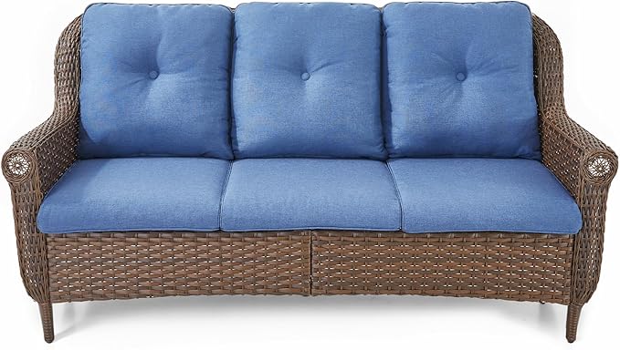 Patio Couch Outdoor Wicker Sofa - Heavy Duty All-Weather Brown Rattan 3-Seater with High Back and Comfortable Thick Cushions for Garden Back Porch Poolside Apartment - Navy Blue