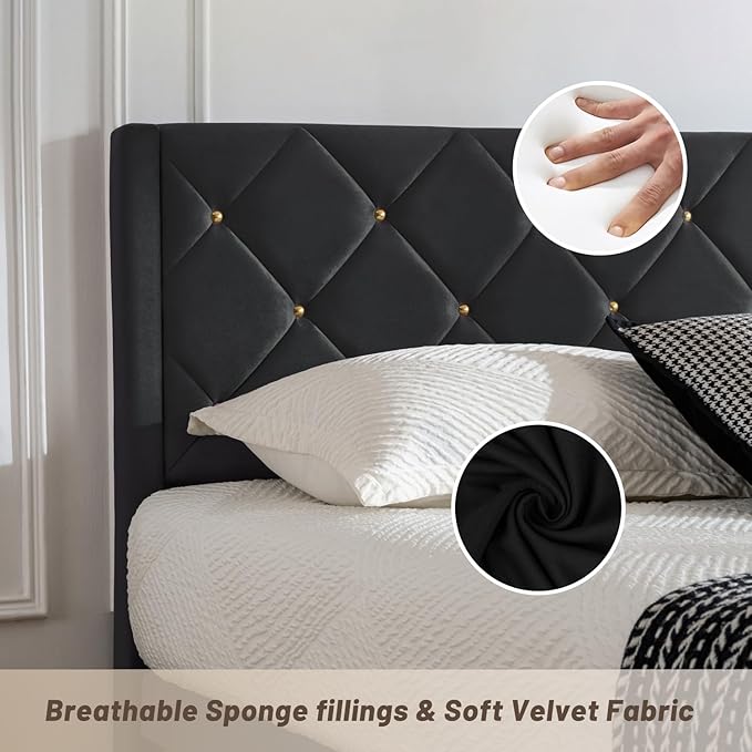 Full Size Platform Bed Frame with Velvet Upholstered Headboard and Sturdy Wooden Slats Support,Mattress Foundation，Easy Assembly, No Box Spring Needed,Slip Resistant (Black, Full)