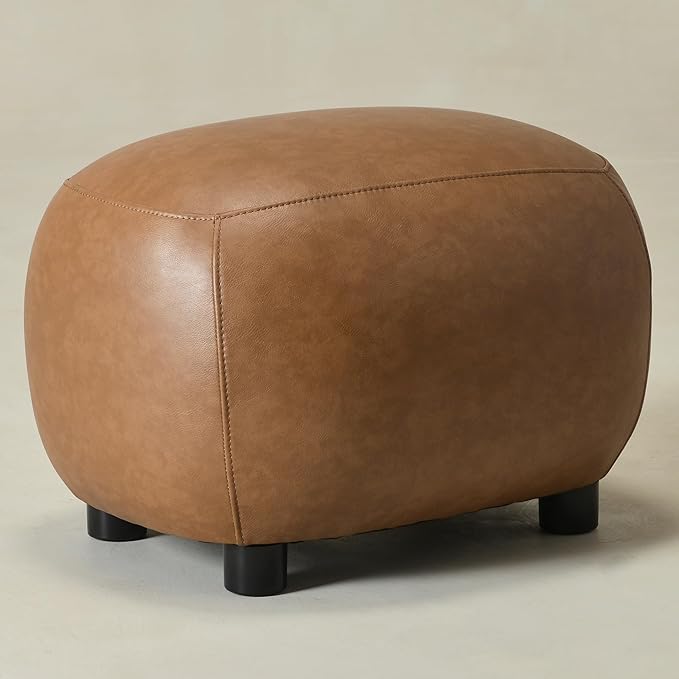 KINWELL 23" Wide Faux Leather Upholstered Ottoman, Mid-Century Modern Living Room Footrest with Soft Padded Seat, Footstool for Bedroom, Entryway or Living Room, Camel