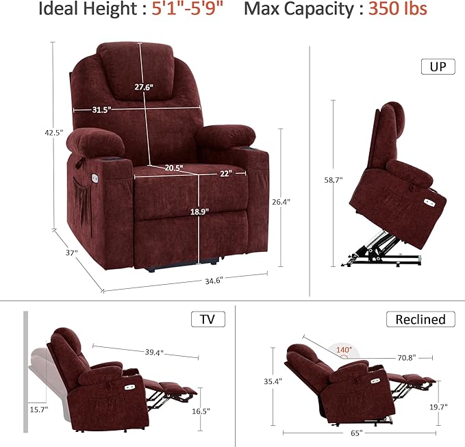 MCombo Power Lift Recliner Chair for Elderly, Lift Chair with Heat and Massage, USB&Type C Ports, Extended Footrest, Cup Holders, Fabric 7040 (Medium, Sangria)