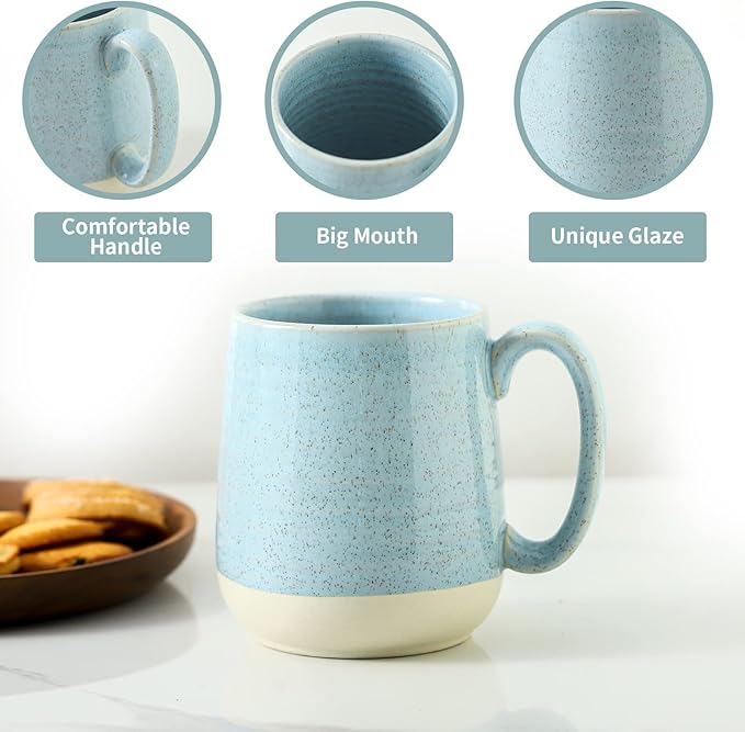 Hasense Porcelain Coffee Mugs Set of 6, 15 Ounce Large Ceramic Coffee Cups Set with Handle for Latte, Tea, Cocoa and Hot Chocolate, Sky Blue Coffee Mugs for Men and Women, Microwave Safe