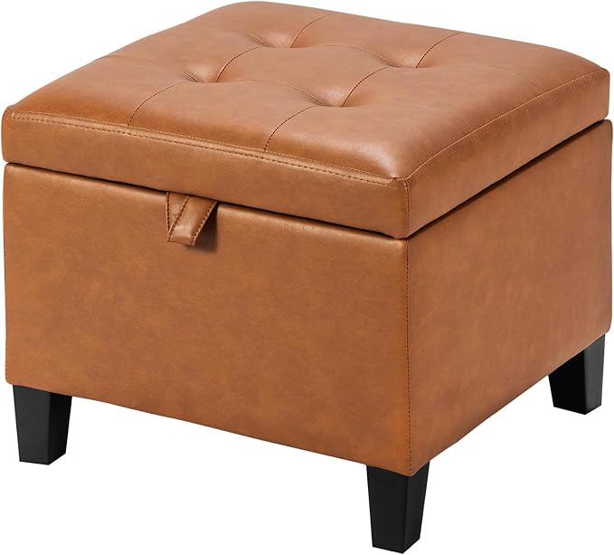 Asense 17 Inch Storage Ottoman Foot Rest,Square Faux Leather Foot Stool,Small Ottoman with Storage,Padded Seat for Entryway,Living Room,Bedroom,Couch,Under Desk,Cognac Brown
