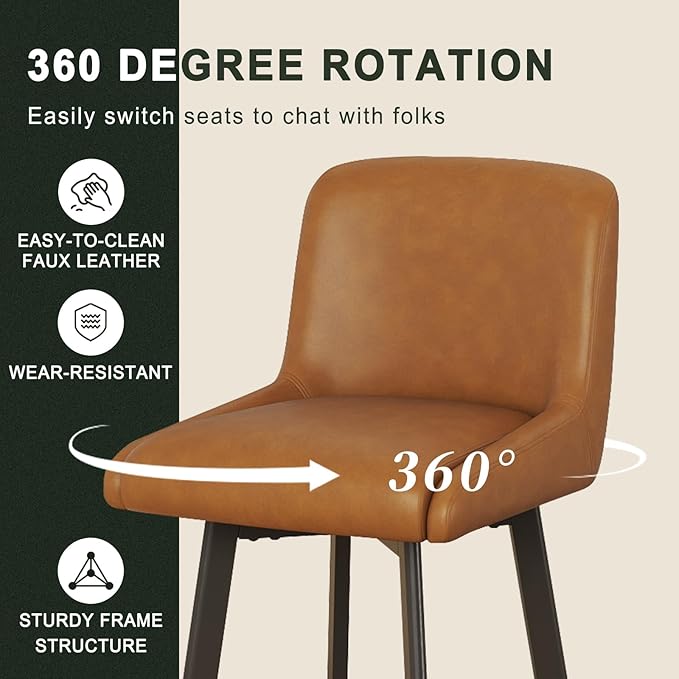 Swivel Counter Height Bar Stools Set of 2, 26''H Upholstered Barstools with Backs, Modern Bar Stool Chairs for Kitchen Island, Metal Legs, Faux Leather, Whiskey Brown Stools Counter Chair