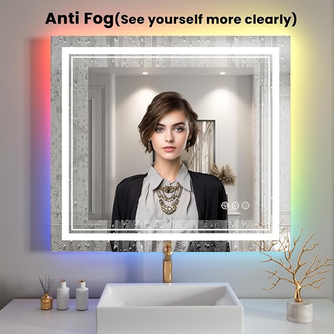 44x32 inch LED Bathroom Mirror with RGB Lights, Color Changing Backlit Mirror, Shatterproof, Dimmable Anti-Fog, Lighted Vanity Mirror (RGB Multicolor Backlit + Adjustable Front-Lighted)