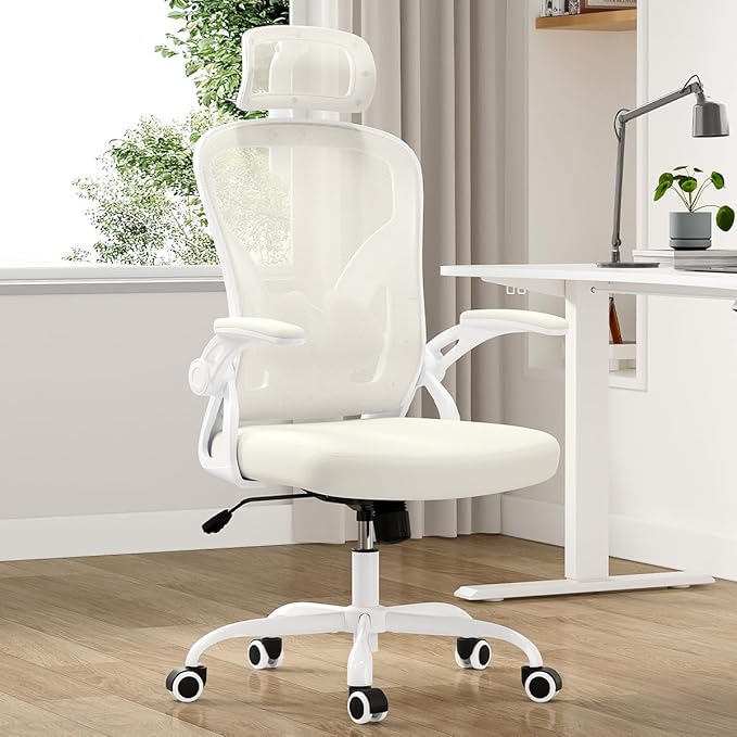 Farini Ergonomic Office Chair, Home Office Desk Chair with Headrest, High Back Computer Chair with Armrests and Adjustable Lumbar Support for Home Office Study Room, White & Beige