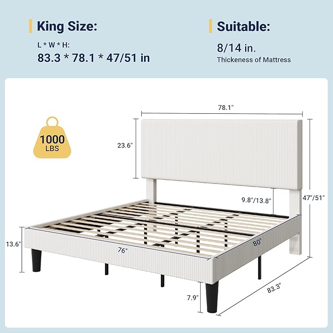 Allewie King Size Upholstered Bed Frame with Vertical Channel Tufted Headboard, Soft Corduroy Fabric Platform Bed, Strong Wooden Slats Support, Easy Assembly, No Box Spring Needed, White
