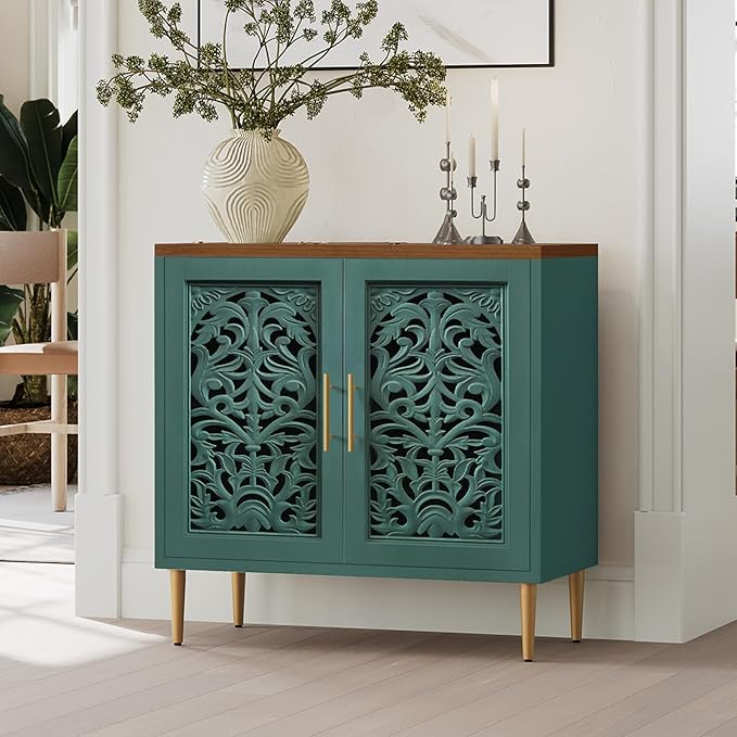 ARTPOWER Accent Cabinet with 2 Doors, Vintage Hollow Carving Buffet Cabinet, Sideboards and Buffets with Storage, Credenza for Living Room, Kitchen, Dining Room, Entryway, Hallway, Green
