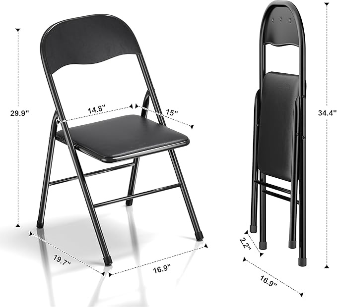 VECELO Folding Chairs 6 Pack Metal Portable with Soft PU Padded Seats for Home/Office/Party, Black