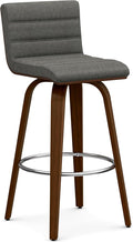 SIMPLIHOME Roland Swivel Bar Stool - 28 inch Seat Height Upholstered Wood Chair in Grey Linen Look Fabric, Mid Century Modern Seating for Kitchen or Bar with Curved Bentwood Back and Footrest