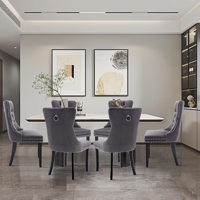 Velvet Upholstered Dining Chairs Set of 6, Modern Style Kitchen Side Chairs with Nailhead Trim and Wood Legs,Metal Pulling Ring for Dining Room Living Room(Grey,Set of 6)