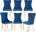 Velvet Upholstered Dining Chairs Set of 6, Modern Style Kitchen Side Chairs with Nailhead Trim and Gold Plated Leg, Metal Pulling Ring for Dining Room Living Room(Blue-Gold Plated Leg)