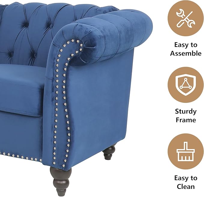 Velvet Sofa Couches Set, 3-Piece Mid Century Modern Upholstered Couch with Cushions, Home Sofa Sectional Furniture Sets, Comfy Tufted Chesterfield Couches for Living Room, Bedroom, Office