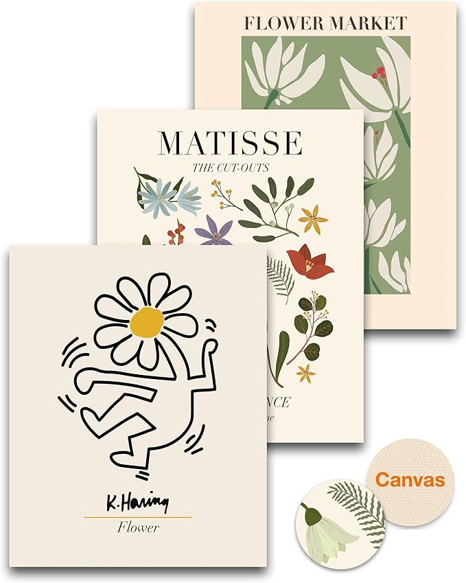 HesenDot Unframed Floral Wall Art Set of 3,12x16in Matisse Canvas Prints,Abstract Keith Haring Botanical Posters Decor,Minimalist Modern Flower Artwork for Living Room Bedroom Office Home