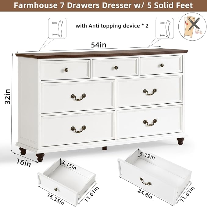 Bedroom Dresser Sets, 54" Wide 7 Drawers Dresser and 45" Tall 5 Drawers Dresser, Wooden 2 Piece Bedroom Furniture Set, Chest of Drawer for Bedroom, Home, Living Room, Hallway, White