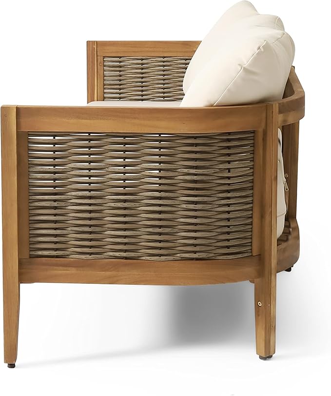 Christopher Knight Home Burchett Outdoor 3 Seater Sofa with Cushions - Acacia Wood and Round Wicker - Teak/Mixed Brown/Beige