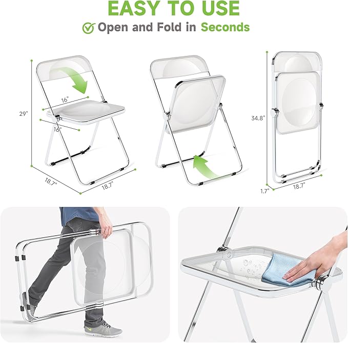 Real Relax Acrylic Folding Chairs,Foldable & Stackable Clear Chairs with Metal Chrome Frame, Indoor and Outdoor, for Home, Office, Party & Events,Set of 6,350LB,Transparent