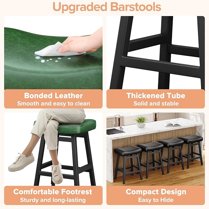 Counter Height Bar Stools Set of 2, 24 Inch Barstools for Kitchen Counter, Kitchen Stools with Faux Leather Saddle Seats & Heavy Duty Metal Legs, Easy Assembly, Forest Green