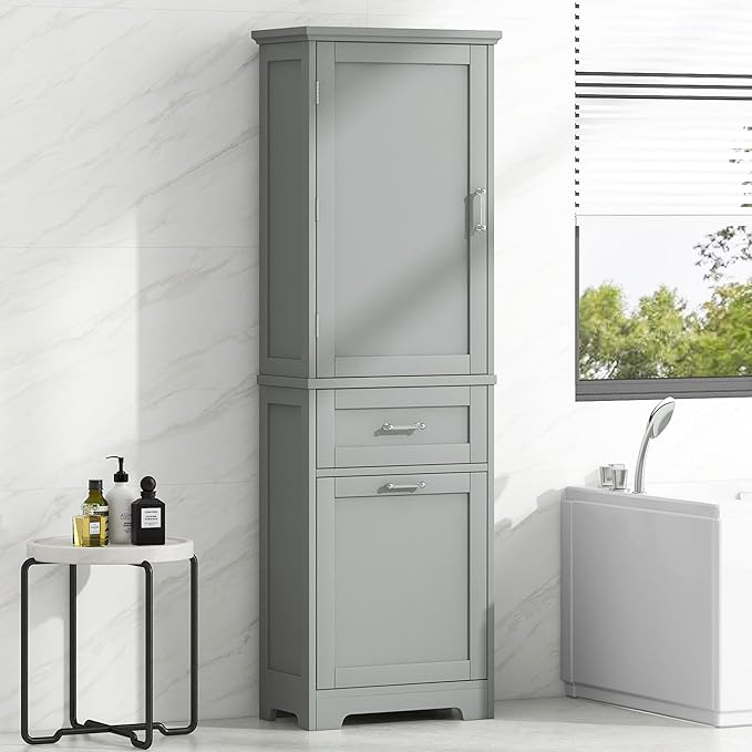 Tall Bathroom Storage Cabinet, Freestanding Storage Cabinet with 1 Door, 2 Different Size Drawers for Bathroom Living Room (Grey)
