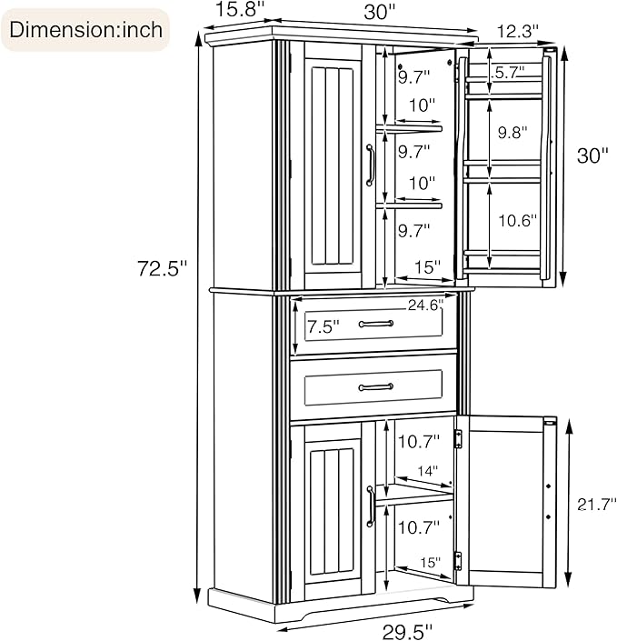 Tall Storage Cabinet, Bathroom Floor Freestanding Storage Cabinet with 2 Doors, Adjustable Shelf, and 2 Drawers for Bathroom, Office, Living Room, MDF Board, Black
