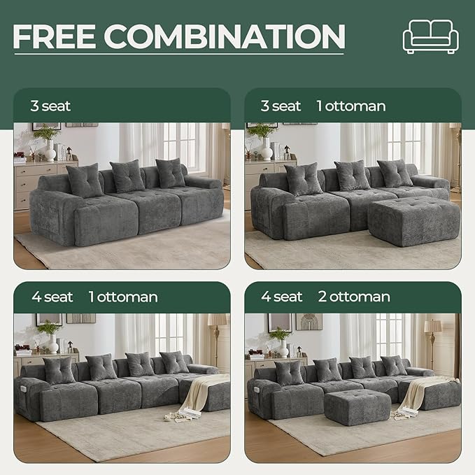 101.65” Modular Sectional Couch for Living Room, 3-Seater Cloud Sofa with Deep Seat, Woven Texture Upholstery Boneless Couch, No Assembly, Grey
