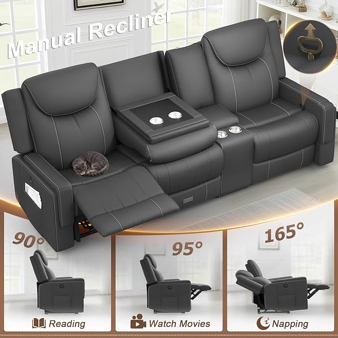 Recliner Sofa, 2 - Way Multi - Function Manual 3 Seater Couch with Cup Holders, Storage & USB Ports, Modern Multifunctional Sofa, Breathable Grey PU Leather Reclining Couch for Living Room