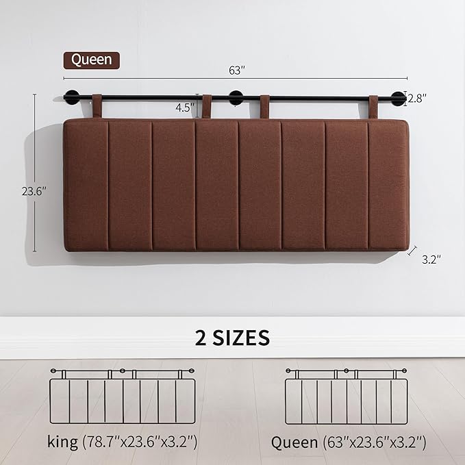 UEV Queen Headboard Only, Wall Mounted Hanging Upholstered Bed Head Board, Modern Vertical Channel Design of Fine Linen, Elegant Brown Fluted Headboard for Bedroom (Brown, Queen Size)