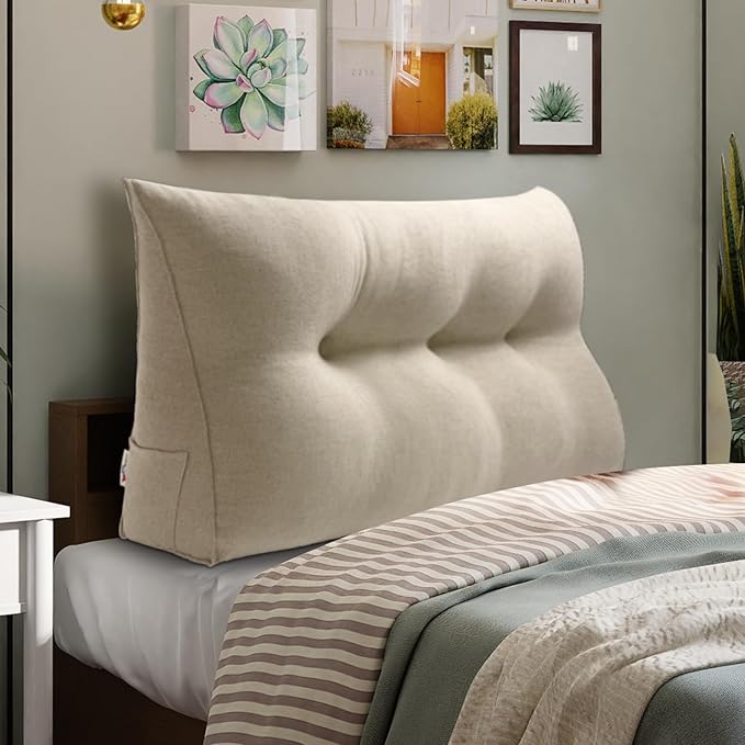 WOWMAX Wedge Pillow Headboard Dorm Headboard Twin XL Bed Bolster Pillow for Bed with Removable Cover, 85% Linen 15% Cotton Blend, Natural Color