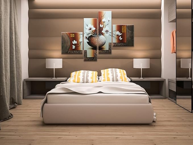 Wieco Art Huge Size Artwork 4 Panels 100% Hand-painted Modern Canvas Wall Art Elegant Flowers Paintings for Wall Decor Floral Oil Paintings on Canvas Art