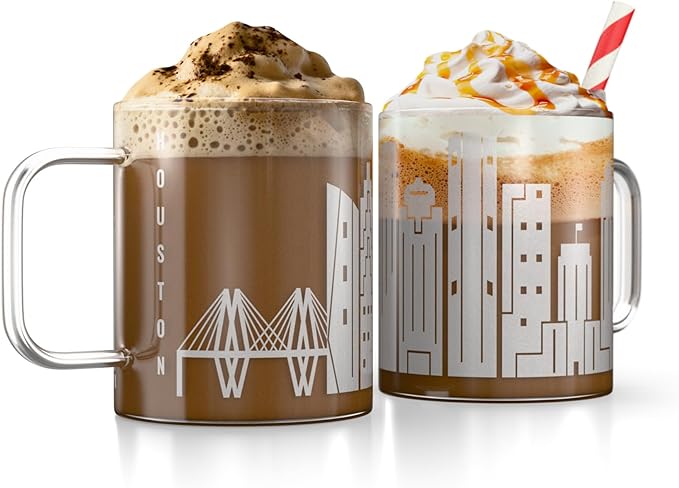Greenline Goods – Houston, TX Skyline Glass Coffee Mugs (Set of 2), 15 oz – Etched Wrap Design