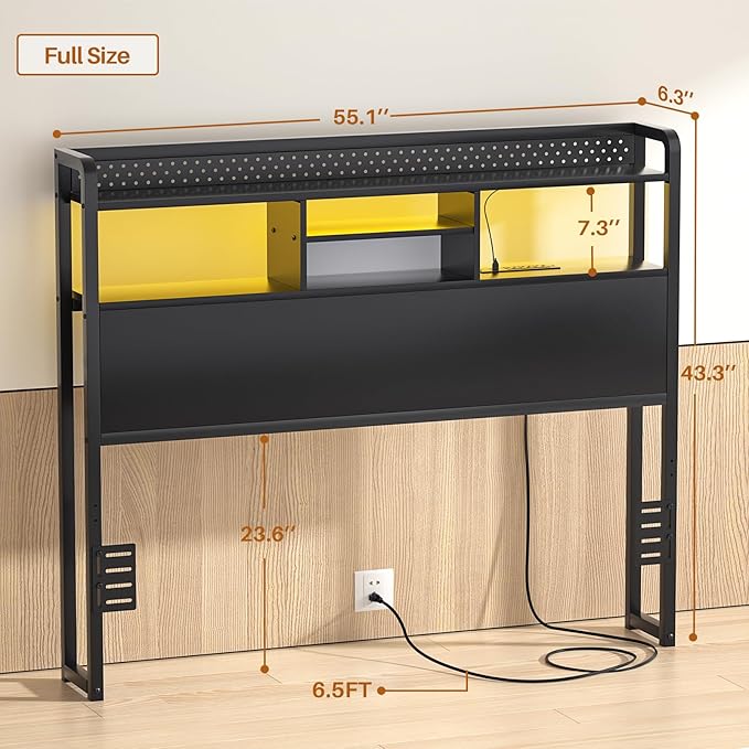 Unikito Headboard for Full Size Bed with Storage Shelf, Head Board with 3 Outlets and 2 USB Ports, Headboards with RGB LED Light, Height Adjustable, Sturdy and Stable, Easy Assembly, Black