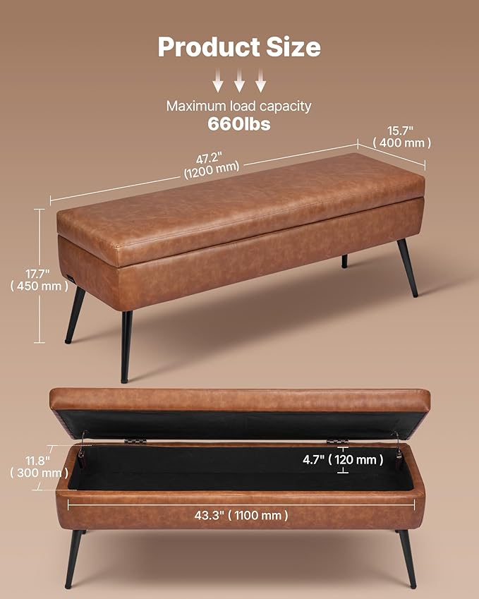 VEVOR Leather Storage Ottoman Bench, PU Leather Bench with Storage and Metal Legs, Modern Shoe Benches Seat for Entryway, Upholstered End of Bed Benches for Living Room, Dining Room, Hallway, Brown