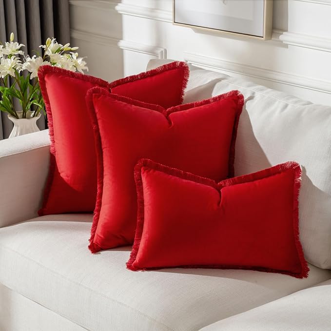 FUTEI Christmas Red Velvet Decorative Throw Pillow Covers 20x20 Set of 2,Soft Cozy Edge with Tassels Cushion Case,Boho Modern Home Decor for Couch Bed Living Room