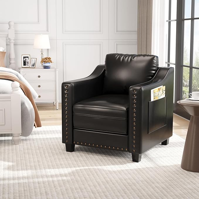 Mid Century Modern Accent Chair, 30 Inches PU Leather Armchairs, Barrel Chair Living Room Chairs Club Chair with Cushion Reading Chair for Bedroom, Apartment, Reading Room, Black