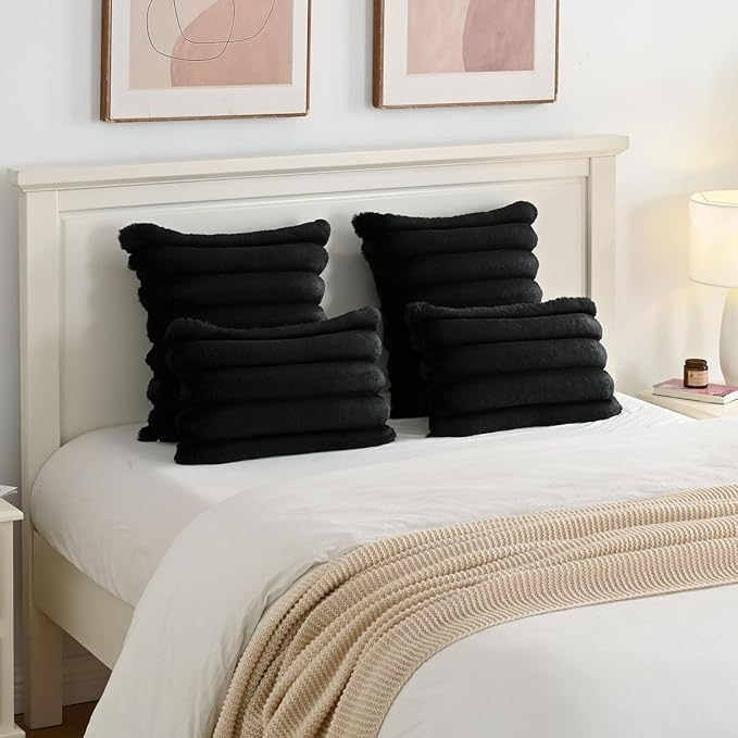 FUTEI Black Decorative Throw Pillow Covers 18x18 Inch Set of 2, Square Soft Faux Rabbit Fur Thick Striped Cushion Cover,Winter Home Decor for Couch Bed Living Room