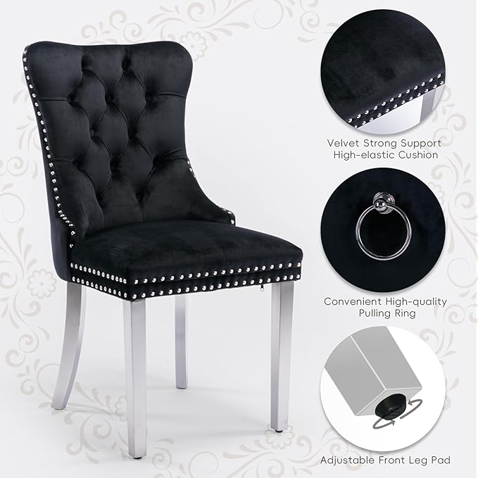 Velvet Upholstered Dining Chairs Set of 2, Modern Style Kitchen Side Chairs with Nailhead Trim and Silver Plated Leg, Metal Pulling Ring for Dining Room Living Room(Black,Set of 2)