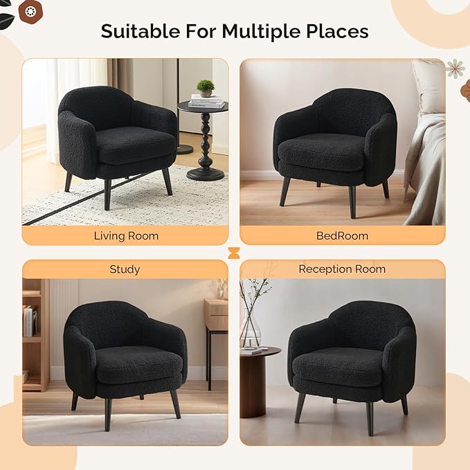 VINGLI 30.3" Wide Modern Barrel Accent Armchairs Set of 2 with Track Armrest, Solid Wooden Legs, Comfy Upholstered Club Chairs, Single Home Sofa for Living Room, Bedroom, Reading,Teddy Fleece Black