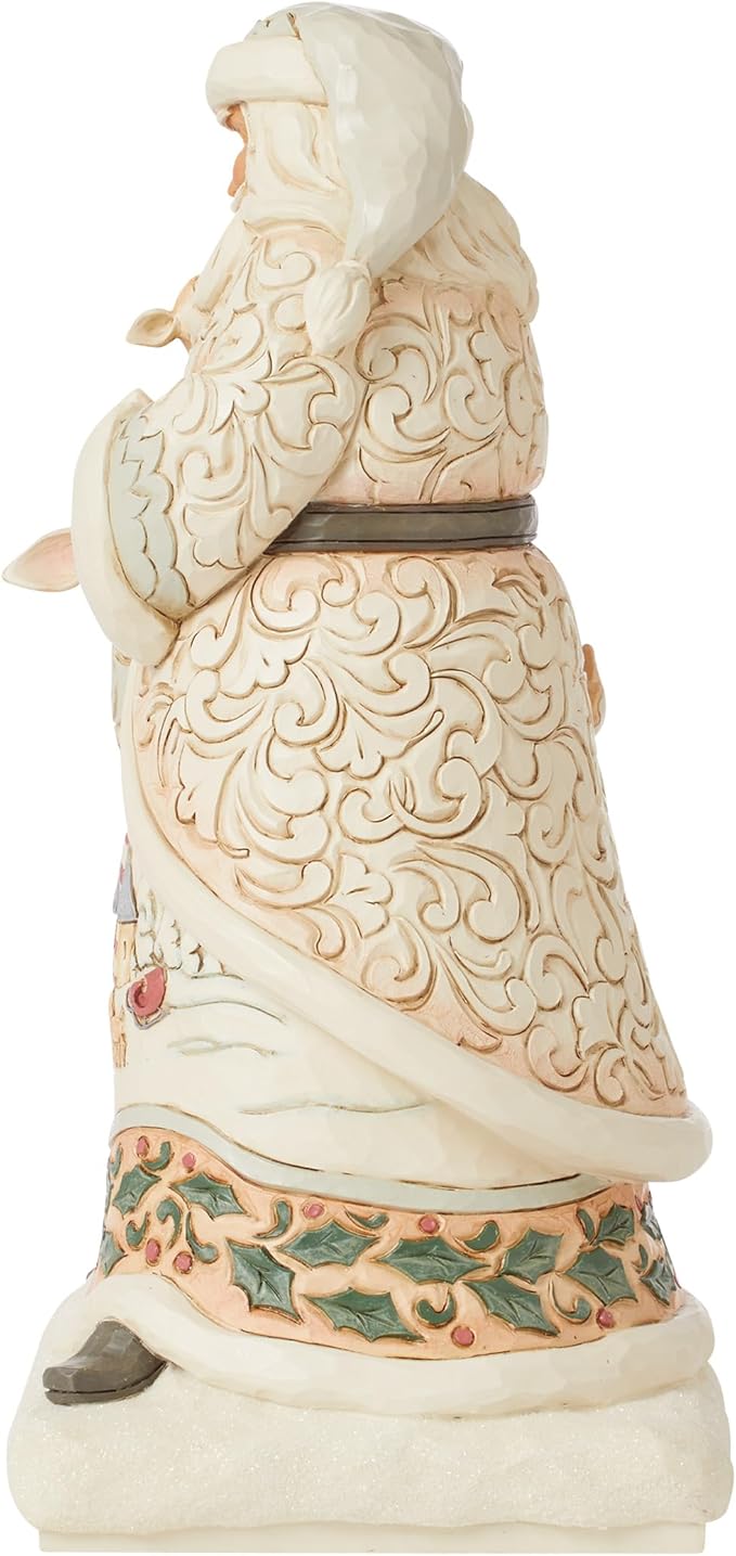 Enesco Jim Shore Heartwood Creek White Woodland Santa Holding a Fawn Figurine- Stone Resin Hand Painted Crafted Collectible Santa Figurines Christmas Home Decor Statue, 10.63 Inch
