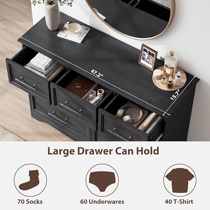 Black Farmhouse Dresser for Bedroom, Modern 7 Chest of Drawers, 47" Wide Chest of Drawers w/Brushed Metal Handle, Wood Dresser TV Stand and Storage Cabinet for Bedroom, Living Room, Hallway