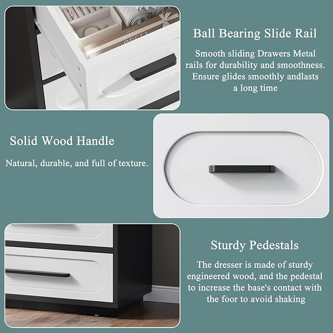 Dresser for Bedroom, 44" Tall Dressers & Chests of Drawers w/Solid Wood Handle, Wood Mid Century Closet Organizers and Storage Cabinet for Bedroom, Living Room, Hallway, Black/White