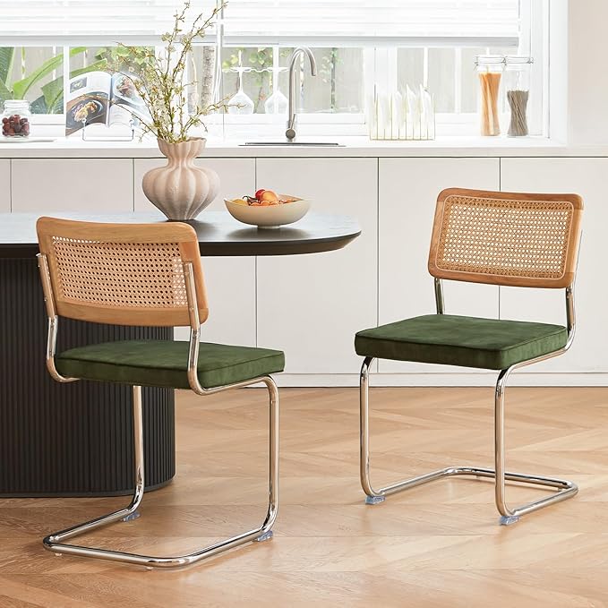 Green Rattan Dining Chairs Set of 2, Wooden Mid-Century Modern Kitchen Chairs, Mesh Back Cane Dining Room Chairs, Cesca Chair with Metal Chrome Legs