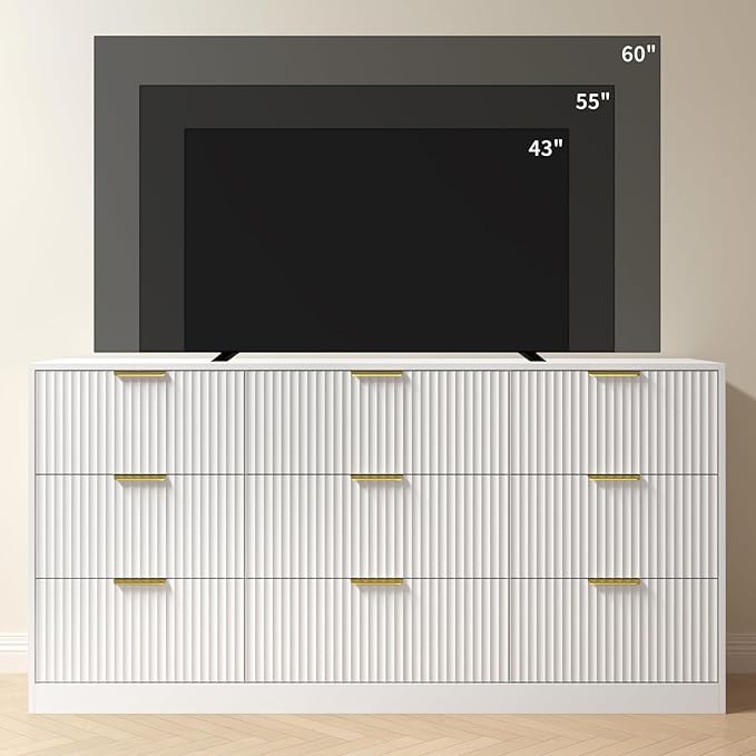 White Dresser for Bedroom with 9 Drawers, 63” Wide White Fluted Dresser Modern Chest of Drawers with Gold Handles, Wooden TV Stand Storage Organizer for Bedroom, Living Room