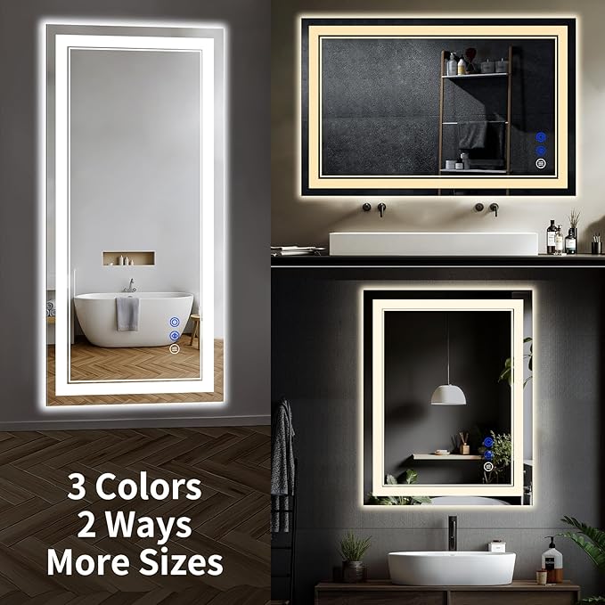 48"x32" LED Bathroom Mirror with Anti-Fog, Stepless Dimmable Lights, 3 Color Modes, Shatter-Proof Tempered Glass, Memory Function & Waterproof Design