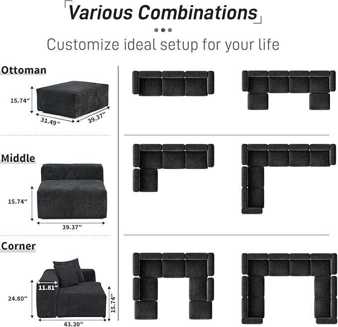 WJShome Modular Sectional Sofa Couch,181.1inch Oversized 4 Seater Couch, Upholstered with Corduroy Fabric Couches with 6 Pillows,Cushion Covers Removable& Washable,for Living Room