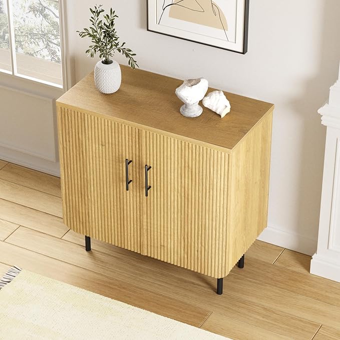 Modern Fluted Natural Storage Cabinet with 2 Doors, Adjustable Shelves, and Metal Legs, Accent Buffet Sideboard for Living Room, Dining Room, Entryway (Natural & Black)
