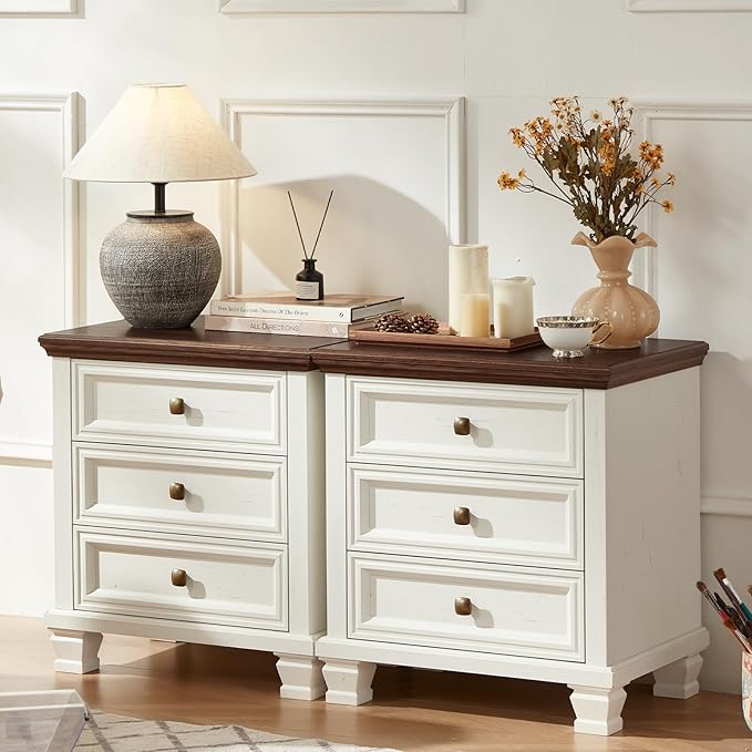 Farmhouse Bedroom Dresser and Nightstand Set of 4, 6 Drawer Tall & 5 Drawers Dresser & 3 Drawer Nightstand Set with Wooden Legs, Rustic Wood Bedroom Furniture for Livingroom, Hallway, White