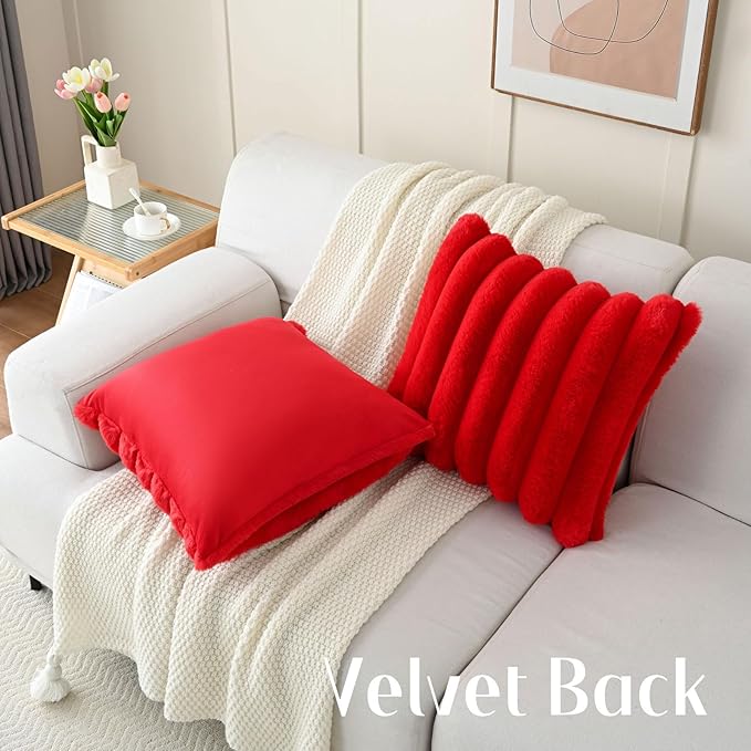 FUTEI Christmas Red Decorative Throw Pillow Covers 20x20 Inch Set of 2, Square Soft Faux Rabbit Fur Thick Striped Cushion Cover,Winter Home Decor for Couch Bed Living Room