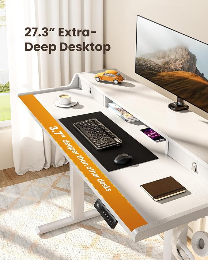 ErGear Electric Standing Desk with Drawers, 63″ x 28″ Gaming Table Compatible Monitor Stand, Stand up Desks, Home Office Height-Adjustable Desk with Storage Shelf, 4 Preset Heights, White