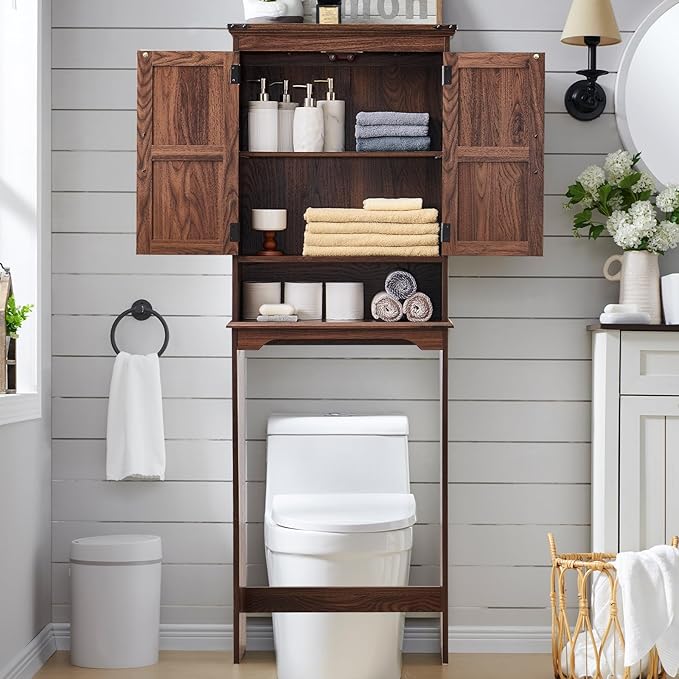 ACCOHOHO Over The Toilet Storage Cabinet, Farmhouse Bathroom Cabinet with Adjustable Shelf & Barn Door, 67" Tall Over The Toilet Shelf, Brown