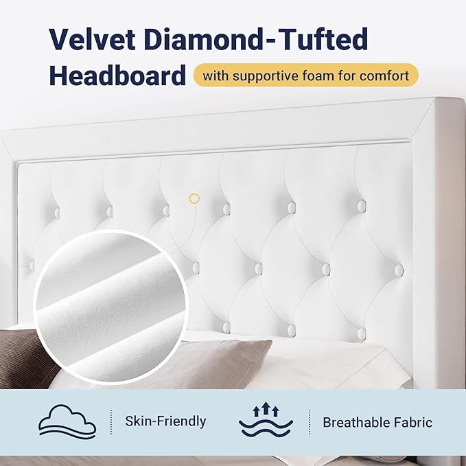 Allewie Full Size Velvet Upholstered Bed Frame with Adjustable Headboard, Diamond Tufted Design, Wood Slat Support, Noise-Free EVA Strip, Easy Assembly, White